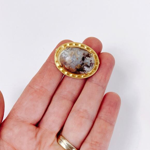 VTG Mid Century Brooch Agate Gemstone Oval Stone Pin 1960s 1970s Gold Tone - Picture 7 of 11